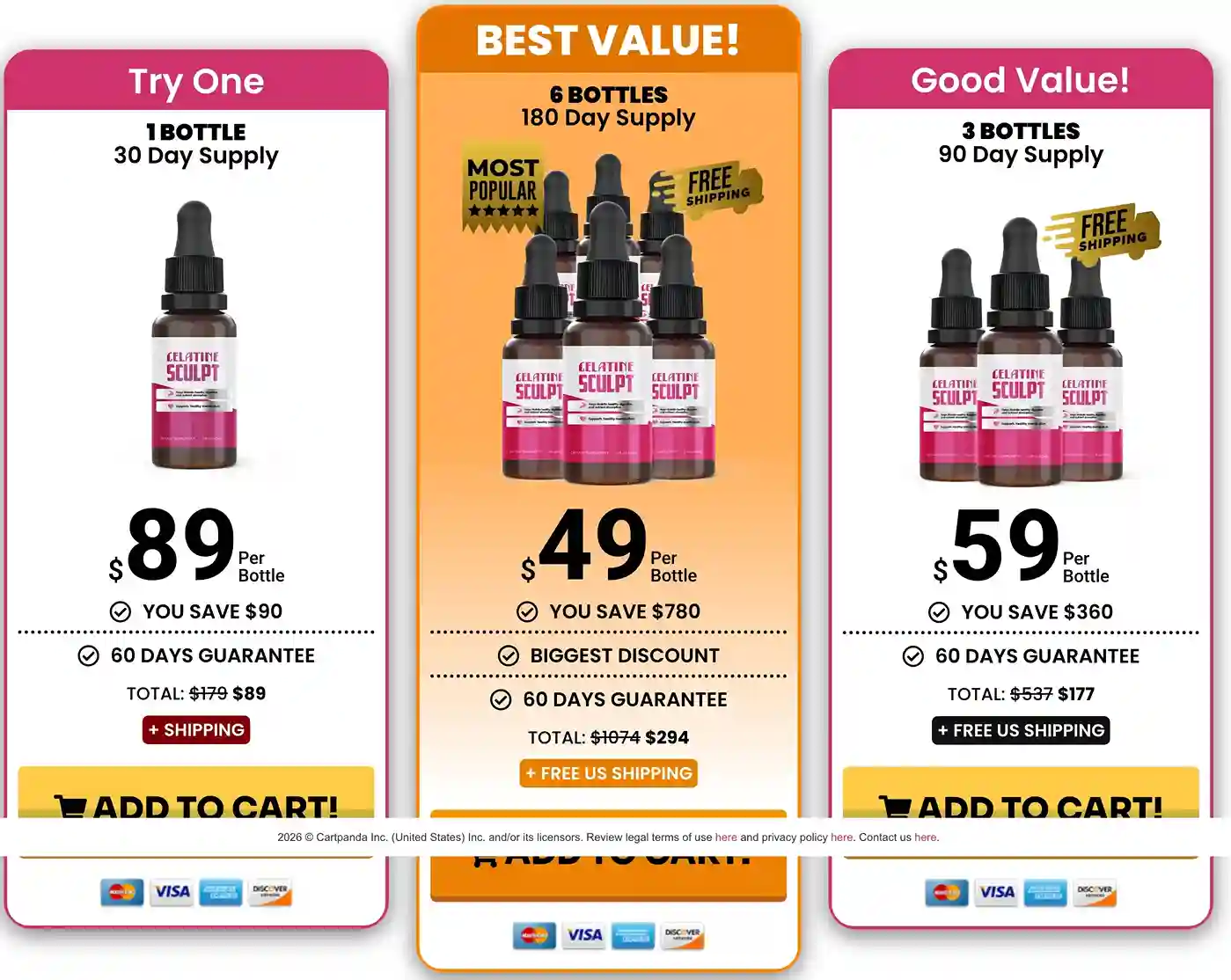 Gelatine Sculpt Pricing — 1 Bottle $89, 3 Bottles $59 each, 6 Bottles $49 each with 6 Free Bonus Guides